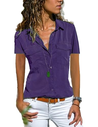 Zeagoo Bluse Damen Lässiges Kurzarm Hemdbluse Elegant V-Ausschnitt Oberteile Solide Blusenshirt mit Tasche Tunika Tops Sommer Lila XXL von Zeagoo
