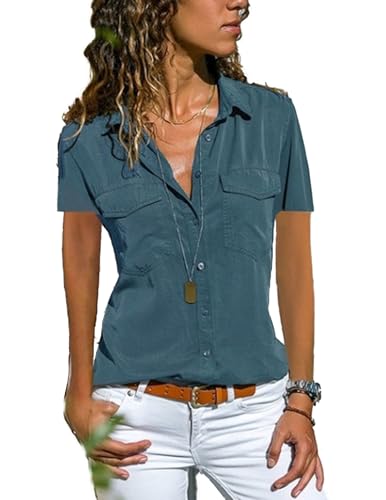 Zeagoo Bluse Damen Lässiges Kurzarm Hemdbluse Elegant V-Ausschnitt Oberteile Solide Blusenshirt mit Tasche Tunika Tops Sommer Marineblau XL von Zeagoo
