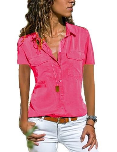 Zeagoo Bluse Damen Lässiges Kurzarm Hemdbluse Elegant V-Ausschnitt Oberteile Solide Blusenshirt mit Tasche Tunika Tops Sommer Rosarot S von Zeagoo