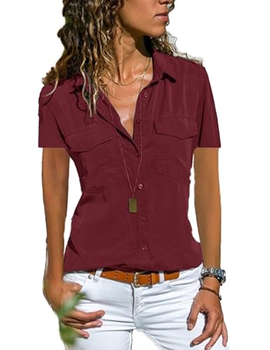 Zeagoo Bluse Damen Lässiges Kurzarm Hemdbluse Elegant V-Ausschnitt Oberteile Solide Blusenshirt mit Tasche Tunika Tops Sommer Rotwein S von Zeagoo