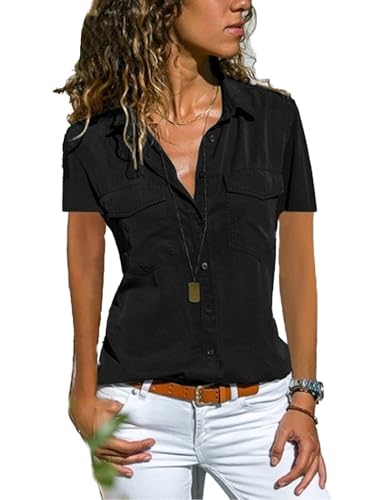 Zeagoo Bluse Damen Lässiges Kurzarm Hemdbluse Elegant V-Ausschnitt Oberteile Solide Blusenshirt mit Tasche Tunika Tops Sommer Schwarz L von Zeagoo