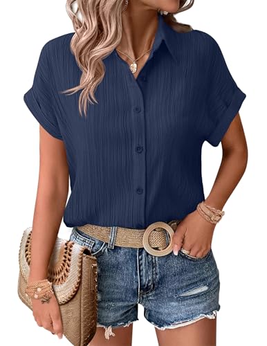Zeagoo Bluse Damen Kurzarm Hemd Damen Einfarbig Hemdbluse V-Ausschnitt Hemd Casual Kurzarmshirts Oberteil Tunika Tops Blau S von Zeagoo