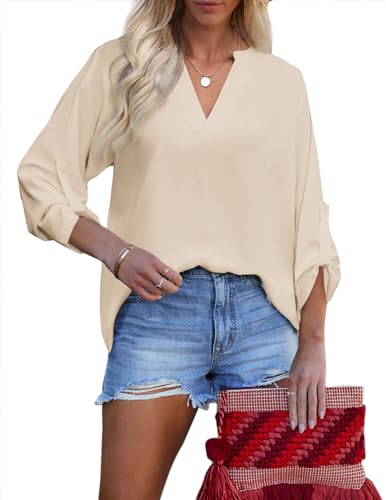 Zeagoo Damen Bluse Elegant Tunika Tops V-Ausschnitt Henley Hemdbluse Aufrollbaren Ärmeln Oberteile Locker Blusen Langarm Hemd Aprikose L von Zeagoo