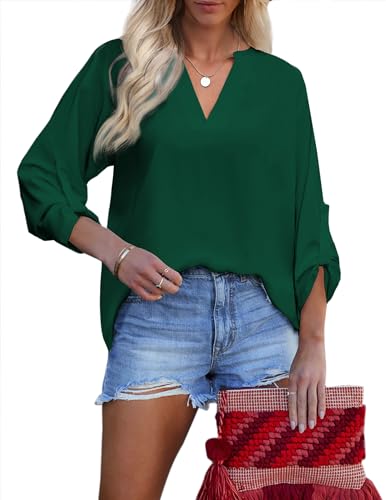 Zeagoo Bluse Damen Langarm Einfarbig Hemd V Ausschnitt Elegant Tunika Tops Longshirt Casual Arbeit Oberteile Dunkelgrün M von Zeagoo