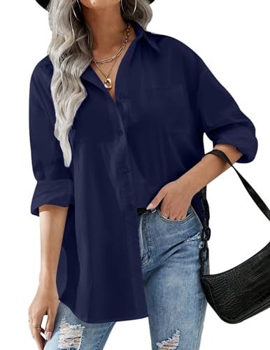 Zeagoo Bluse Damen Langarm Oversize Oberteile Casual Lose Langarmshirt Einfarbige Tunika Hemd Blusen Dunkelblau XL von Zeagoo