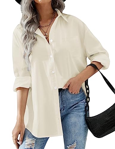 Zeagoo Bluse Damen Langarm V-Ausschnit Hemd Einfarbige Office Oberteile Lockere Passform Basic Shirt Beige M von Zeagoo