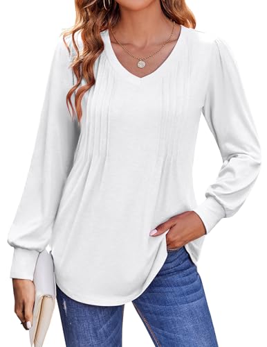 Zeagoo Damen Bluse Langarmshirt Elegant V-Ausschnitt Tshirt Langarm Elegant Sweatshirt Falten Oberteile Herbst Basic Tops Tunika Shirts Weiß M von Zeagoo