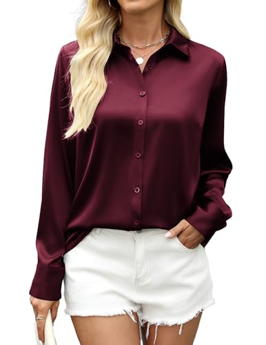 Zeagoo Bluse Damen Satin Langarm Satinblusen Elegant V-Ausschnitt Hemden Button Down Business Shirts Lässige Oberteil Tops Weinrot M von Zeagoo