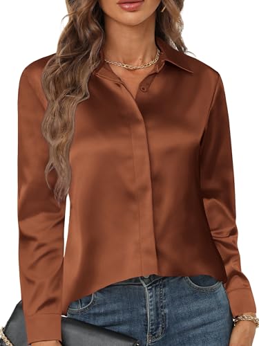 Zeagoo Bluse Damen Satin Seide Hemden V-Ausschnitt Lässiges Casual Satinbluse Elegant Oberteile Lockere Tops Langarm Shirt Schwarz Braun L von Zeagoo