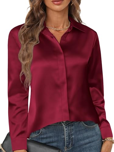 Zeagoo Damen Bluse Satin Seide Hemden V-Ausschnitt Lässiges Casual Satinbluse Elegant Oberteile Lockere Tops Langarm Shirt Schwarz Rot XXL von Zeagoo