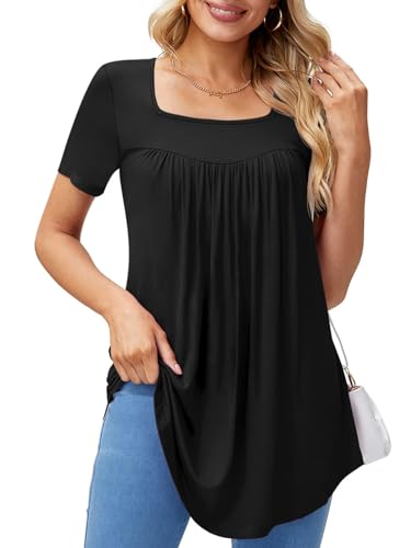 Zeagoo Bluse Damen Shirt Crop Top Slim Fit T-Shirt Feinstrick Oberteil Einfarbig Elegant Kurzarm Soft Casual Kurzarmshirt Tunika Shirt Frauen Dünne Kurze Ärmel Schwarz L von Zeagoo