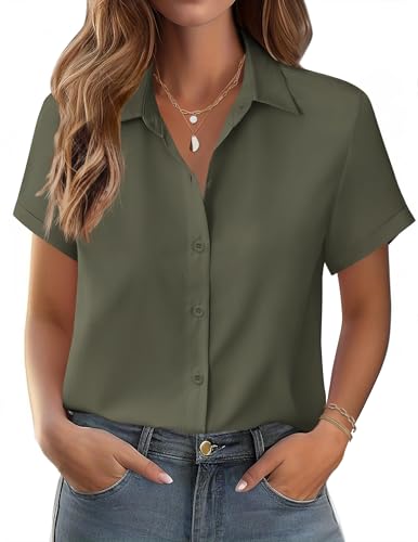 Zeagoo Bluse Damen Sommer Baumwolle Kurzarm Hemden Button Down Blusen Tops Elegant V-Ausschnitt Hemdbluse Business Tunika Shirts Büroblusen Armeegrün XL von Zeagoo