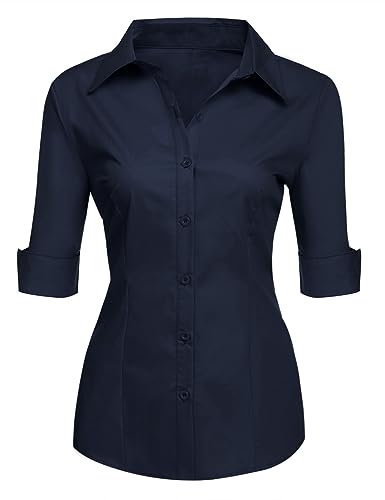 Zeagoo Damen Bluse Elegant Button Down Shirt Slim Fit Schicke Hemden V-Ausschnitt Kurzshirt mit Knopfleiste Navyblau M von Zeagoo