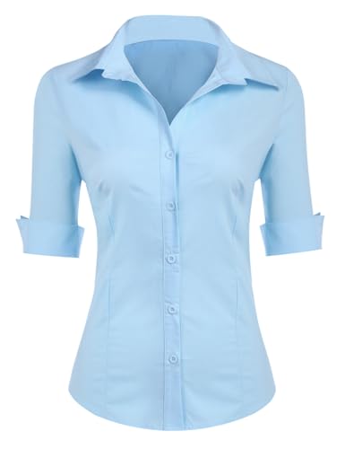 Zeagoo Bluse Damen Kurzarm Shirt mit V-Ausschnitt Hemdbluse Frauen Oberteile Baumwolle Basic Hemden mit Knöpfen Seeblau M von Zeagoo