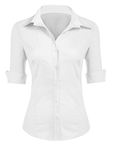 Zeagoo Bluse Elegant Damen Kurzarm Hemd Slim Fit Frauen Shirts mit Knöpfen Basic Hemdbluse Casual Oberteile Weiß M von Zeagoo