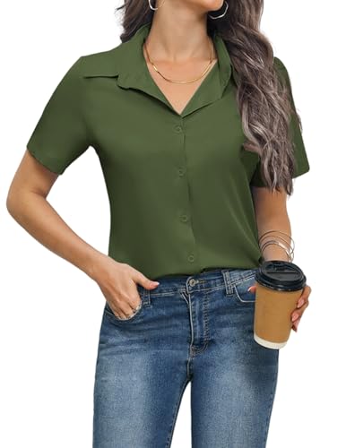 Zeagoo Bluse Für Damen V-Ausschnitt Hemd Business Hemdbluse Elegant Blusen Mit Knöpfen Oberteile Lässige Hemden Kurzarm Top Grün S von Zeagoo