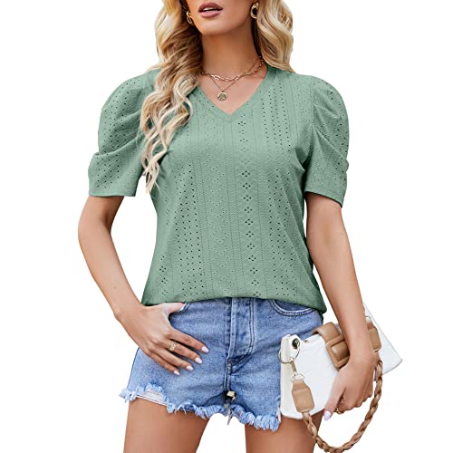 Zeagoo Bluse Kurzarm Damen Oberteile Puffärmel Bluse Sommerbluse Casual Shirt V Ausschnitt Bluse Grün Modische Oberteile, XXL von Zeagoo