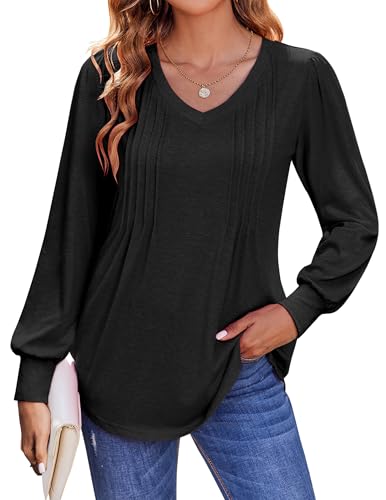 Zeagoo Damen Bluse Langarmshirt Elegant V-Ausschnitt Tshirt Langarm Elegant Sweatshirt Falten Oberteile Herbst Basic Tops Tunika Shirts Schwarz XXL von Zeagoo