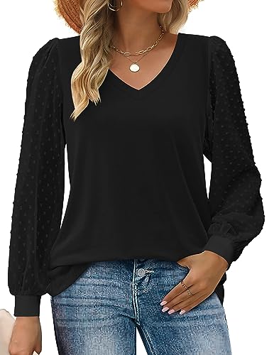 Zeagoo Blusen für Damen Elegant V Ausschnitt Langarmshirt Tuniken Basic Pullover Oberteile Polka Dots Ärmel Casual Einfarbig Hemd Lässig Tshirt Herbst Winter Festliche Blusen Schickes Schwarz S von Zeagoo