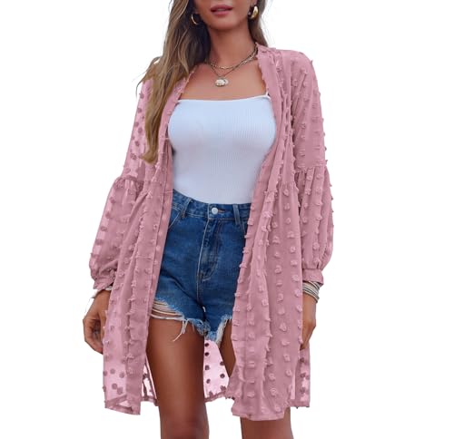 Zeagoo Blusenkleid Damen Strandkleid Pareos Sommerkleid Bikini Cover Up Sommer Luftig Strandbluse Strandponcho Knielang Elegant Strandtuch Kimono Langarm Cardigan Bademode Vertuschen Shirt Rosa M von Zeagoo