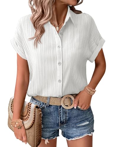 Zeagoo Weiße Bluse Damen Bluse Kurzarm Hemdbluse Button Down Leicht Blusen Sommer Oberteile Modern XL von Zeagoo