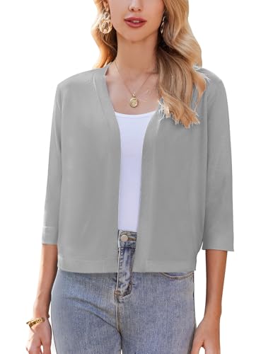 Zeagoo Bolero Damen Festlich Strickjacke 3/4 Ärmel Cardigan Elegant Kurze Bolero Einfarbig Bolerojacke Casual Solid Top Grau M von Zeagoo