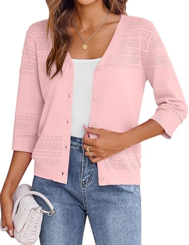 Zeagoo Bolero Damen Strickjacke 3/4 Arm Elegant Bolerojacke V-Ausschnitt Cardigan Mit Knöpfen Rosa S von Zeagoo