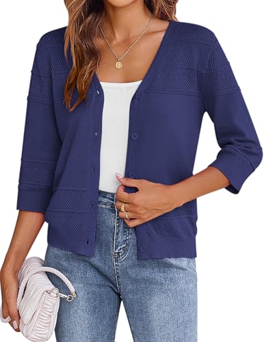 Zeagoo Bolero Damen Strickjacke 3/4 Arm Elegant Strickjacke V-Ausschnitt Cardigan Mit Knöpfen Marineblau XXL von Zeagoo