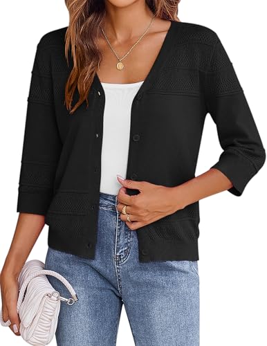 Zeagoo Strickjacke Damen mit Knöpfen und V Ausschnitt Leichte und sommerliche Cardigan Damen Eleganter Bolero Schwarz M von Zeagoo