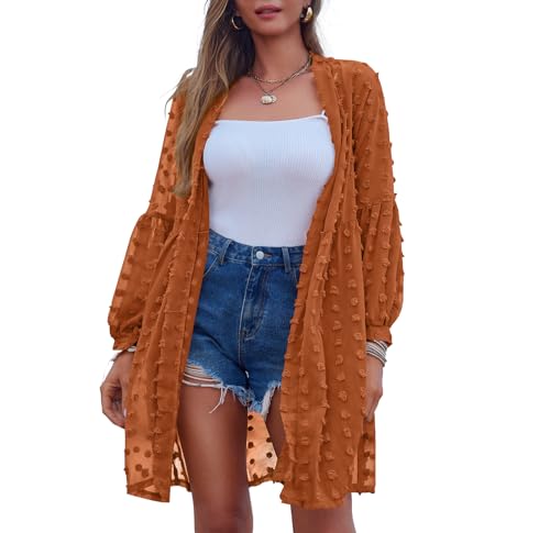 Zeagoo Bolero Spitze Cardiganjacke Casual Sommerjacke Swiss Dot Oberteile Solid 3/4 Arm Beachwear Chiffon Strand Cover Up Tops Braun L von Zeagoo