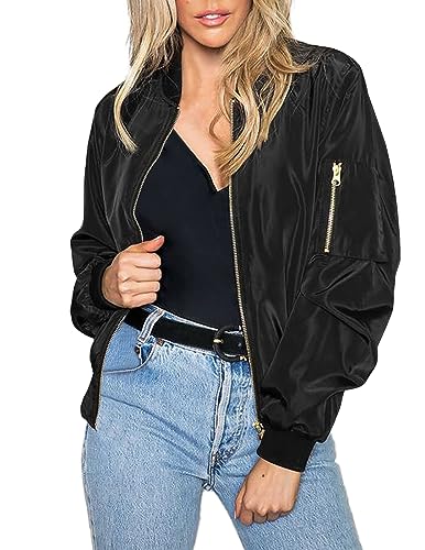 Zeagoo Bomberjacke Damen Kurz Langarm College Jacke Schwarze Pilotenjacke Motorradjacke Leicht Atmungsaktiv Übergangsjacke mit 2 Taschen Reißverschluss Blouson Outwear L von Zeagoo