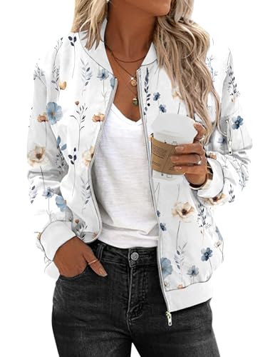 Zeagoo Bomberjacke Damen Kurze Herbst Dünne Blouson Basic Bikerjacke Outdoorjacke Frühlings Fliegerjacke Winterblouson Weißer Druck XL von Zeagoo