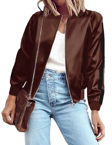 Zeagoo Bomberjacke für Damen, leicht, Reißverschluss, lässig, gestreift, Jacke, Mantel, Oberbekleidung, Windbreaker mit Taschen, Braun, L Zeagoo Bomberjacke für Damen, leicht, Reißverschluss, lässig, gestreift, Jacke, Mantel, Oberbekleidung, Windbreaker mit Taschen, Braun, L von Zeagoo