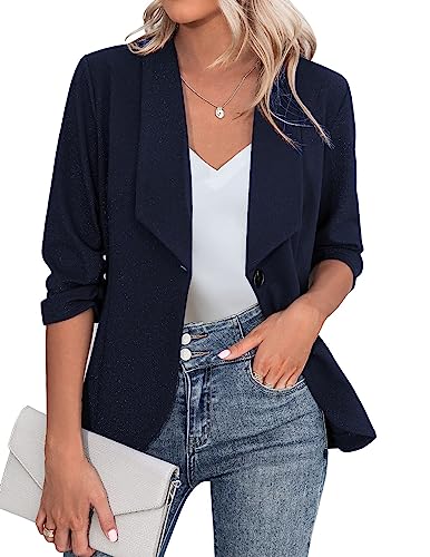 Zeagoo Business Blazer Damen Tailliert Einfarbig Longblazer Slim Fit Revers Geschäft Mantel Anzüge für Damen Navy 3XL von Zeagoo