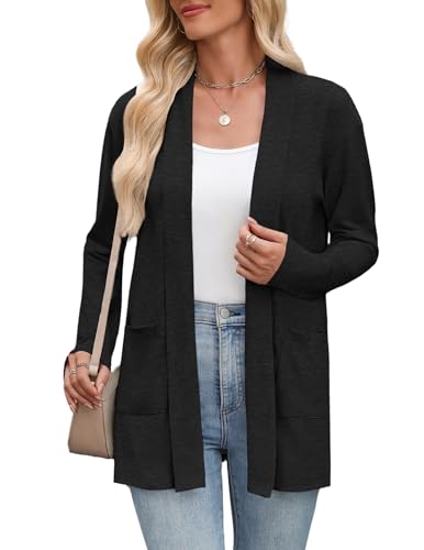 Zeagoo Cardigan Damen Dünne Leichte Jacke Lang Stickjacken Langarm Jacken Herbst Elegant Oberteile Vorne Offen Jacken mit Taschen Casual Einfarbig Tops Schwarz M von Zeagoo