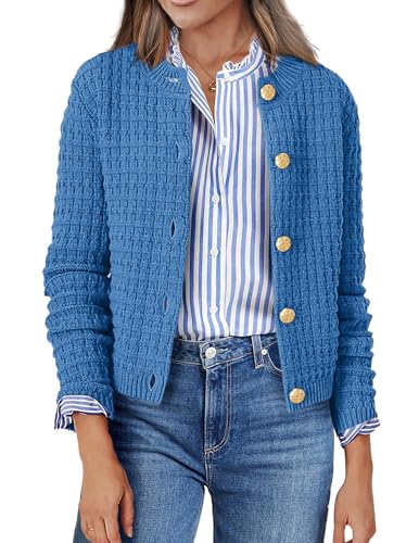 Zeagoo Cardigan Damen Herbst Langarm Strickjacke Knöpfen Rundhals Outwear Jacke Strick Open Front Sweater Elegant Strickjacken für Damen Dunkelblau XL von Zeagoo