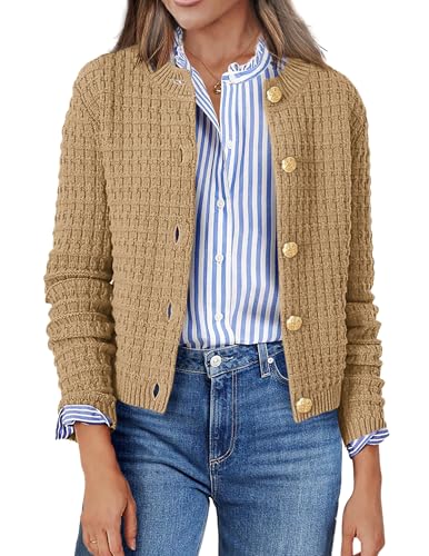 Zeagoo Cardigan Damen Herbst Langarm Strickjacke Knöpfen Rundhals Outwear Jacke Strick Open Front Sweater Elegant Strickjacken für Damen Khaki S von Zeagoo