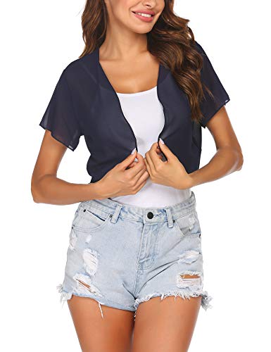 Zeagoo Chiffon Cardigan Damen Kurzarm Front öffnen Bolero Sommerjacke Casual Tops Navy L von Zeagoo