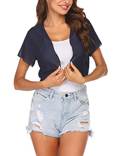 Zeagoo Chiffon Cardigan Damen Kurzarm Front öffnen Bolero Sommerjacke Casual Tops Navy S von Zeagoo