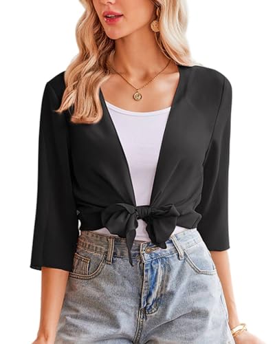 Zeagoo Chiffon Cardigan Damen Kurzarm Open Front Bolero Strickjacke Oberbekleidung Party Hochzeit Abend Sommer Tops Schwarz M von Zeagoo