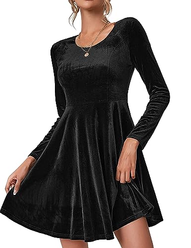 Zeagoo Kleid Damen Samtkleid Weihnachtskleid Elegant Winterkleid Langarm Abendkleid Rundhals Cocktailkleid Festliche Partykleid Knielang Ballkleider Schwarz XS von Zeagoo