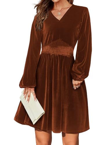 Zeagoo Kleider Damen Herbst Winter Samtkleid Langarm Elegant Freizeitkleider V-Ausschnitt Hohe Taille Weihnachtskleid Braun M von Zeagoo