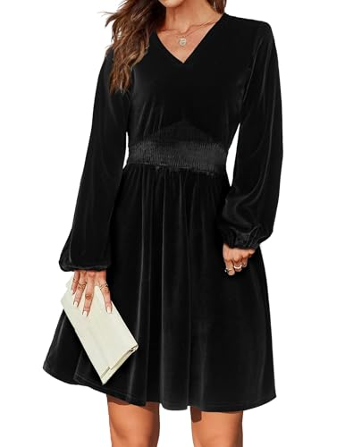 Zeagoo Damen Kleider Elegant Samtkleid Langarm Winterkleid Freizeitkleider A Linie Hohe Taille Midikleid V-Ausschnitt Rüschen Kleid Schwarz M von Zeagoo