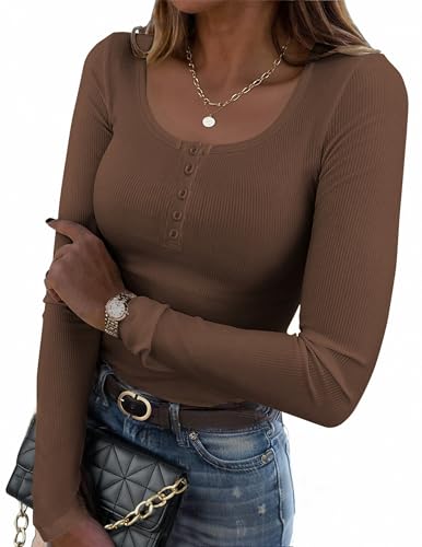 Zeagoo Crop Tops Damen Langarmshirt Elegant Oberteile Tshirt Pullover Slim Fit Rundhals Wickeloberteil Gerippt Strickpullover Basic Top Sweaters Braun S von Zeagoo