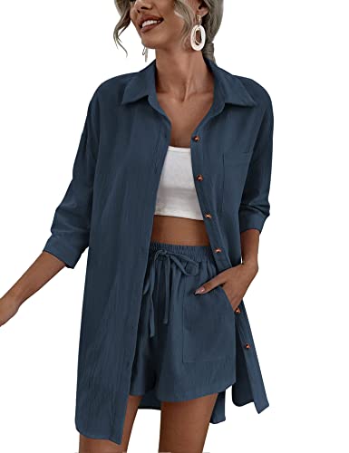 Zeagoo Damen 2 Stück Lounge Trainingsanzug Outfit Sets Baumwolle Leinen High Low Shirt und Kordelzug Casual Shorts Set, 02_Marineblau, 4X-Large von Zeagoo