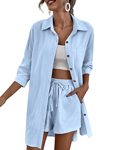 Zeagoo Damen 2 Stück Lounge Trainingsanzug Outfit Sets Baumwolle Leinen High Low Shirt und Kordelzug Casual Shorts Set, 02_light Blue, 4XL von Zeagoo