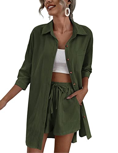 Zeagoo Damen 2 Stück Lounge Trainingsanzug Outfit Sets Baumwolle Leinen High Low Shirt und Kordelzug Casual Shorts Set, 03_Armeegrün, M von Zeagoo