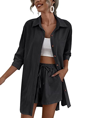 Zeagoo Damen 2 Stück Lounge Trainingsanzug Outfit Sets Baumwolle Leinen High Low Shirt und Kordelzug Casual Shorts Set, 04_schwarz, S von Zeagoo