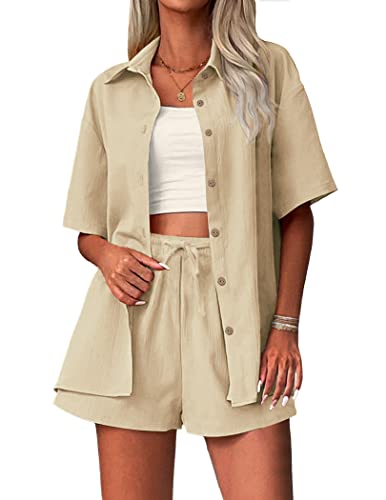 Zeagoo Damen 2-teiliges Outfit Baumwolle Leinen Hemd und Kordelzug Kurz Set 2023 Sommer Urlaub Set Casual Trainingsanzüge, Khaki, M von Zeagoo