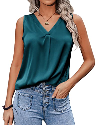 Zeagoo Damen 2023 Seide Satin Tank Tops V-Ausschnitt Casual Cami Ärmellos Camisole Blusen Sommer Basic Tank Shirt, Blau Grün, X-Groß von Zeagoo